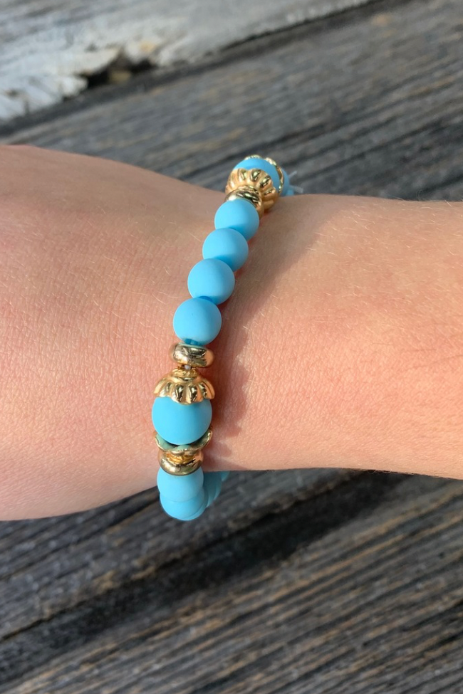 Light Blue & Gold Beaded Stretch Bracelet