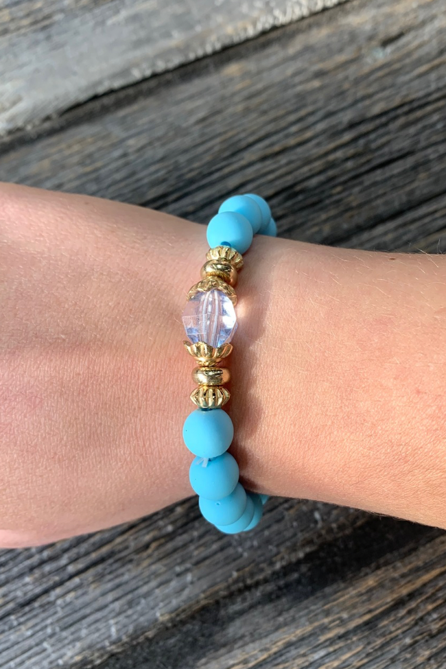 Light Blue Beaded Bracelet with Crystal Accent