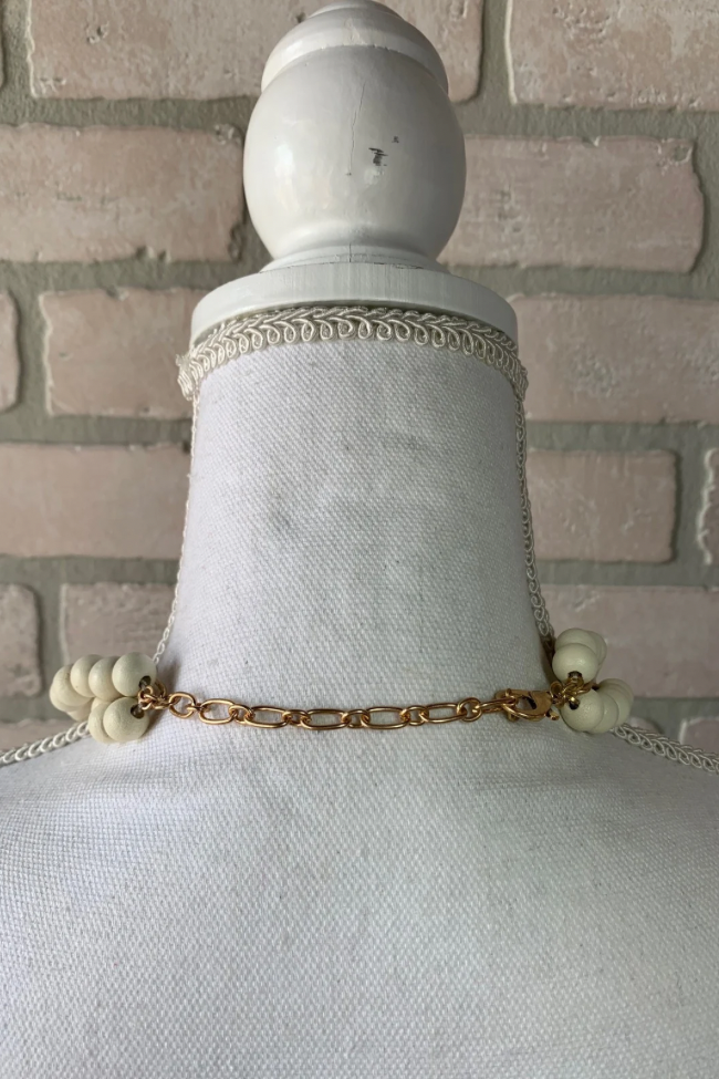 Layered Wood Bead and Gold Chain Cross Pendant Necklace