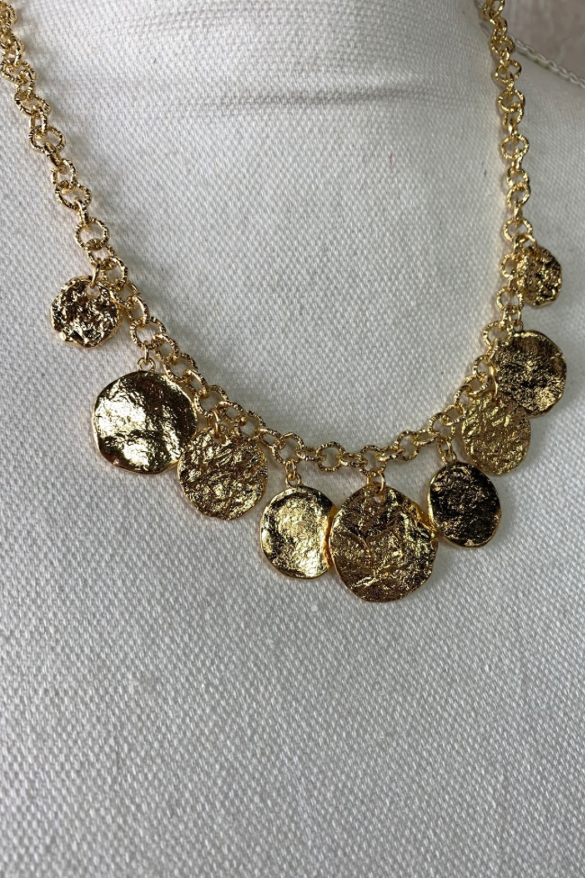 Textured Gold Disc Charm Statement Necklace