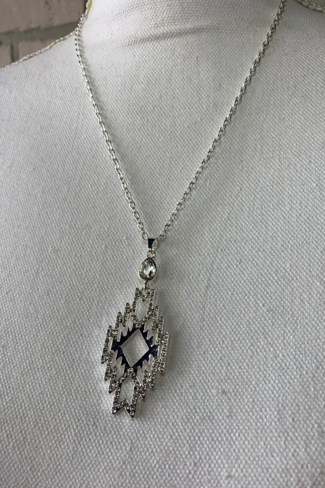 Silver Aztec Diamond Drop Pendant Necklace