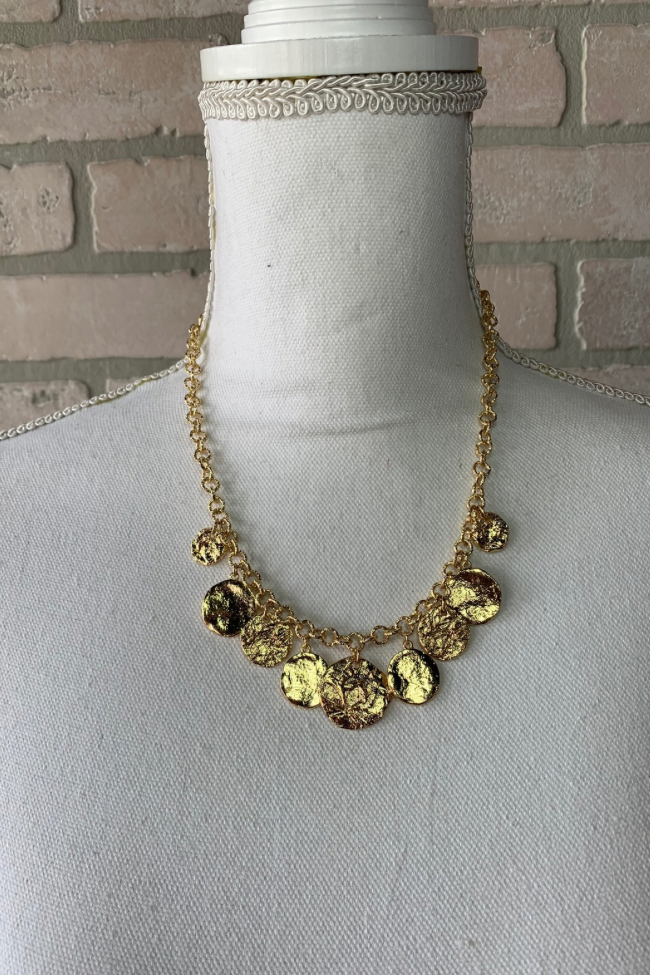 Textured Gold Disc Charm Statement Necklace