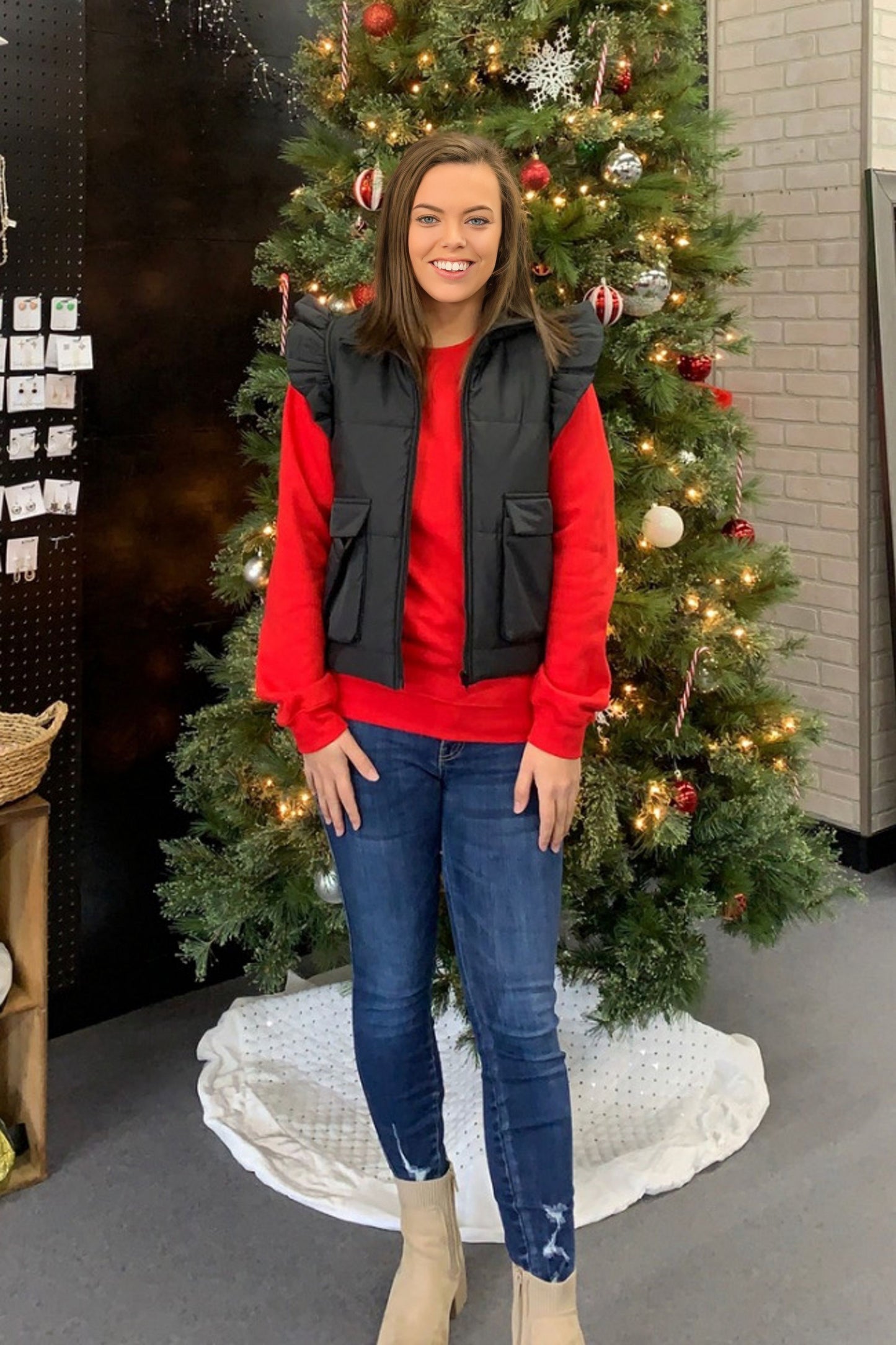 Everyday Black Puff Vest with Armhole Ruffle