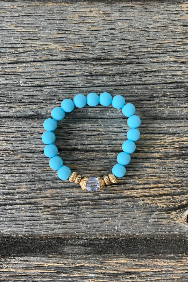 Light Blue Beaded Bracelet with Crystal Accent