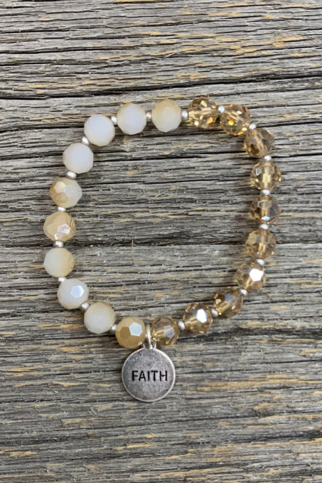 Faith Charm Neutral Beaded Bracelet