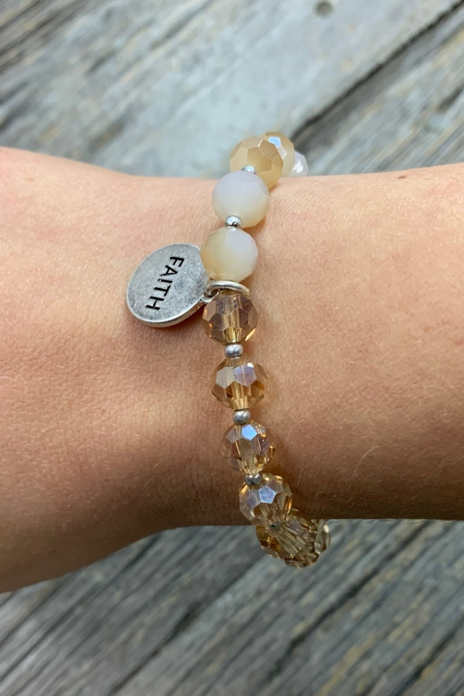 Faith Charm Neutral Beaded Bracelet
