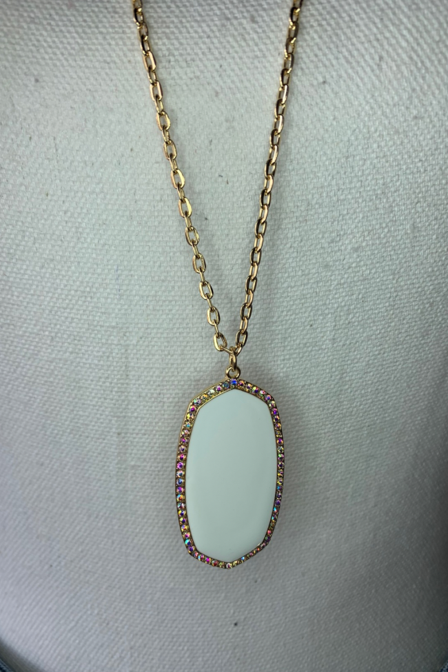 Long Gold Chain Necklace with Iridescent Oval Pendant