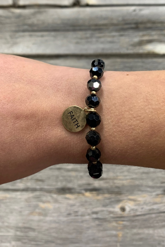 Black Crystal “Faith” Charm Bracelet