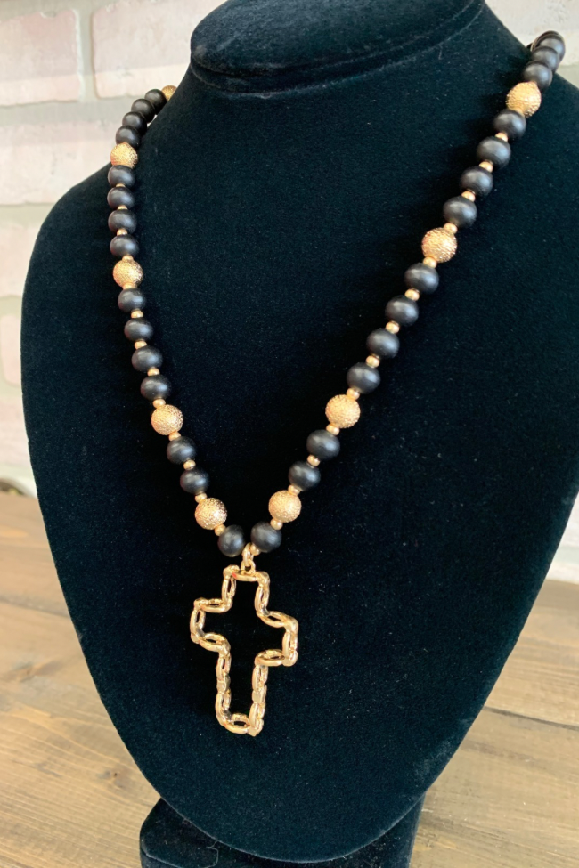 Black Beaded Cross Necklace