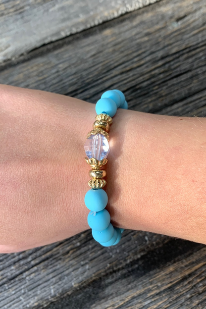 Light Blue Beaded Bracelet with Crystal Accent