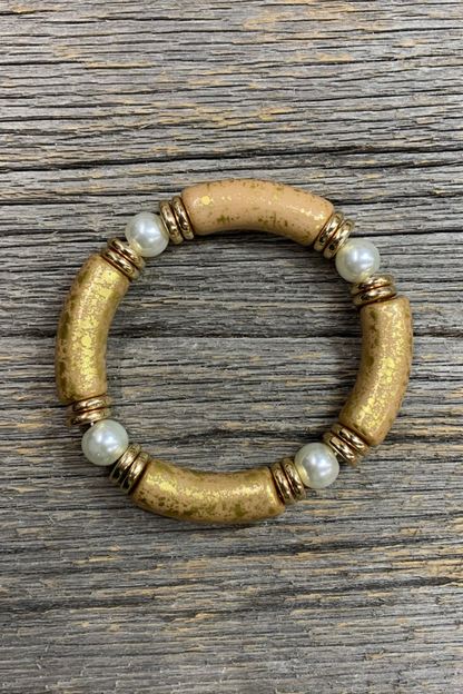 Gold Speckled Tube & Pearl Accent Bracelet