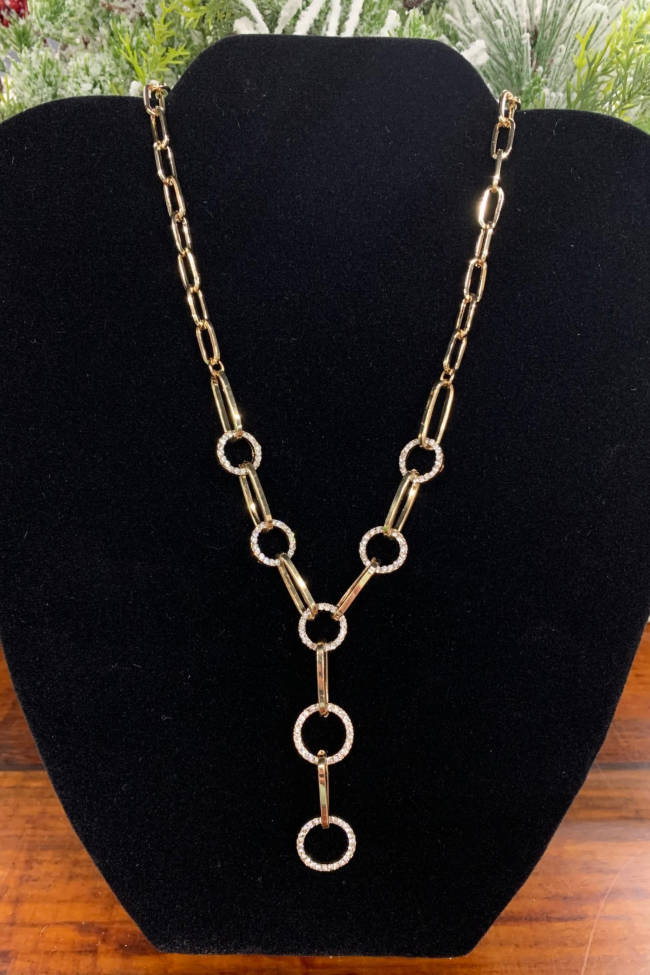 Gold Link & Crystal Circle Pendant Necklace