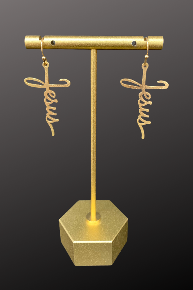 Gold Jesus Script Earrings