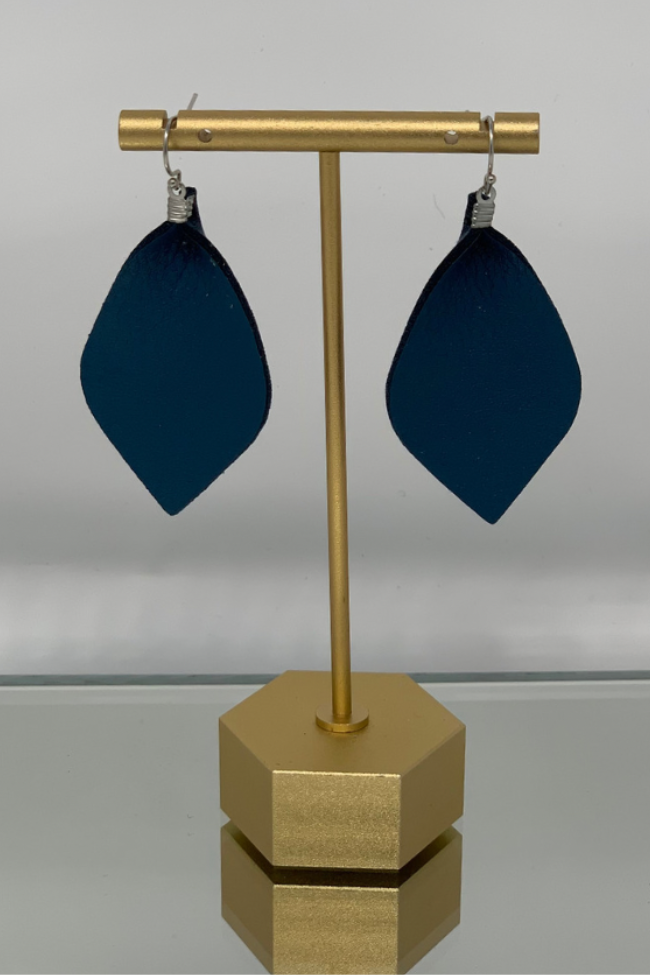 Navy Leaf Leather Earrings