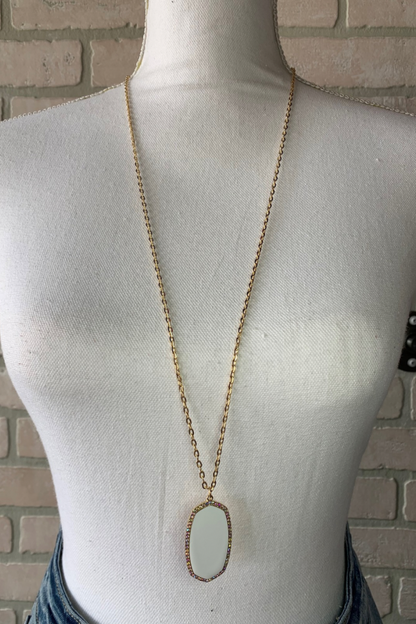 Long Gold Chain Necklace with Iridescent Oval Pendant