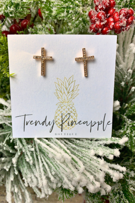 Gold Crystal Cross Stud Earrings