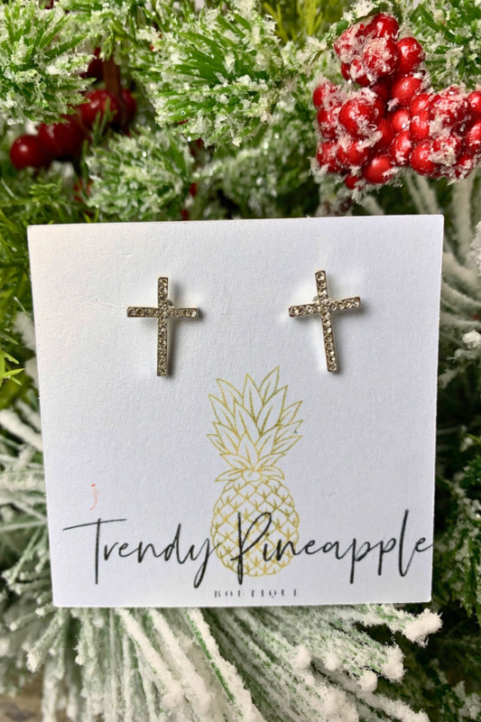 Silver Crystal Cross Stud Earrings