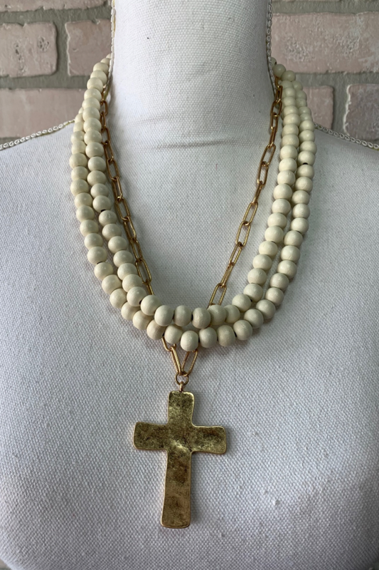 Layered Wood Bead and Gold Chain Cross Pendant Necklace