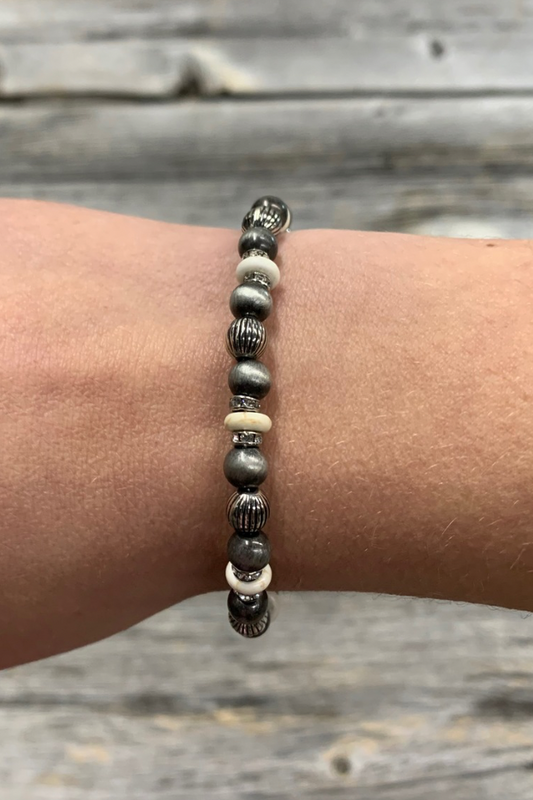 Rustic Silver & Bone Bead Stretch Bracelet