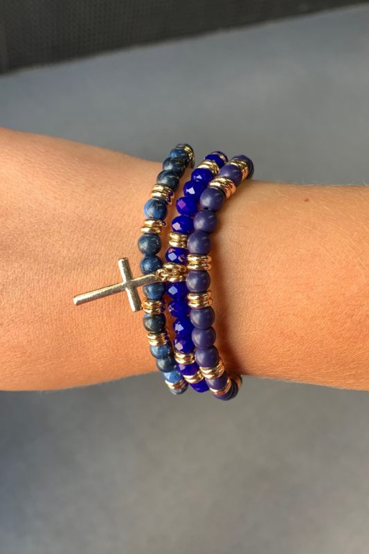 Blue Beaded Cross Bracelet Set