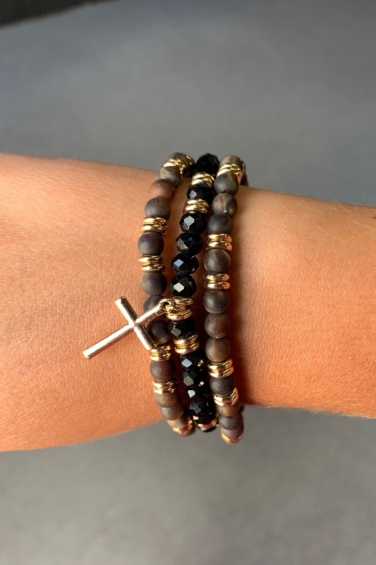 Matte Black and Gold Beaded Cross Bracelet Set