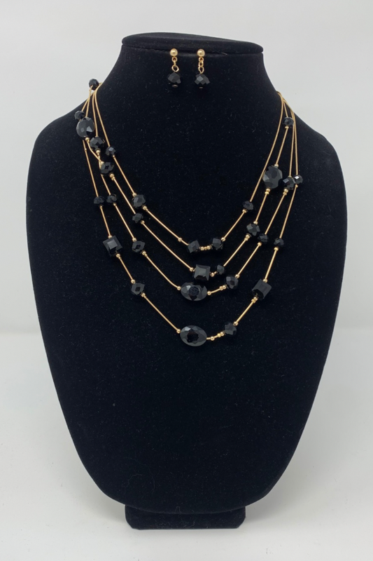 Black and Gold Layered Necklace and Earring Set