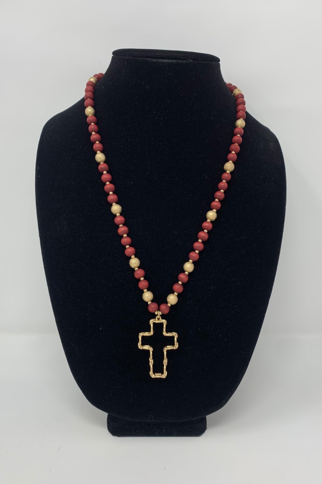 Red Beaded Cross Necklace