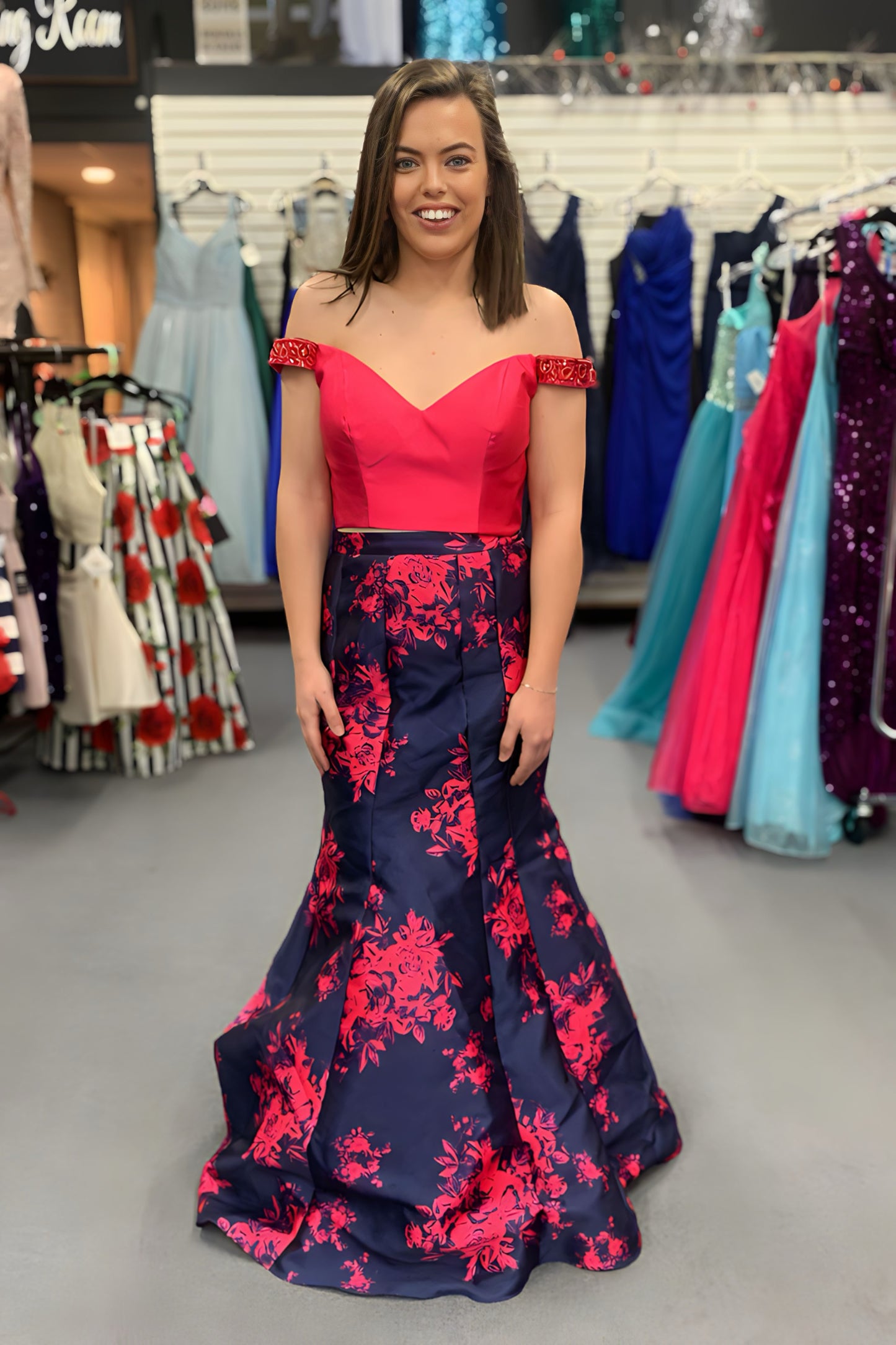 Val Stefani Hot Pink and Navy Floral Prom Dress