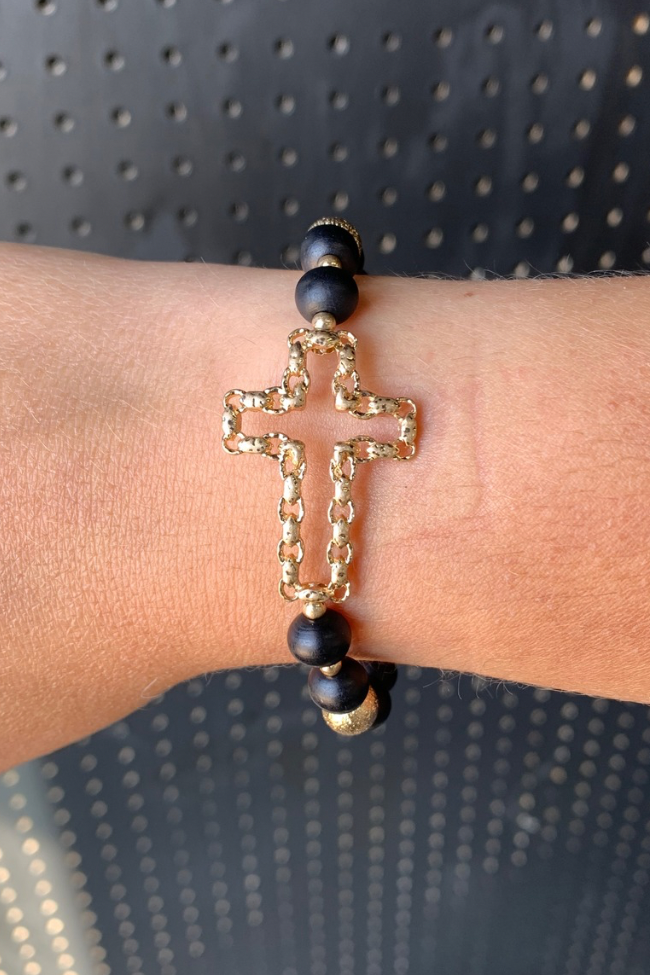 Black Beaded Cross Bracelet