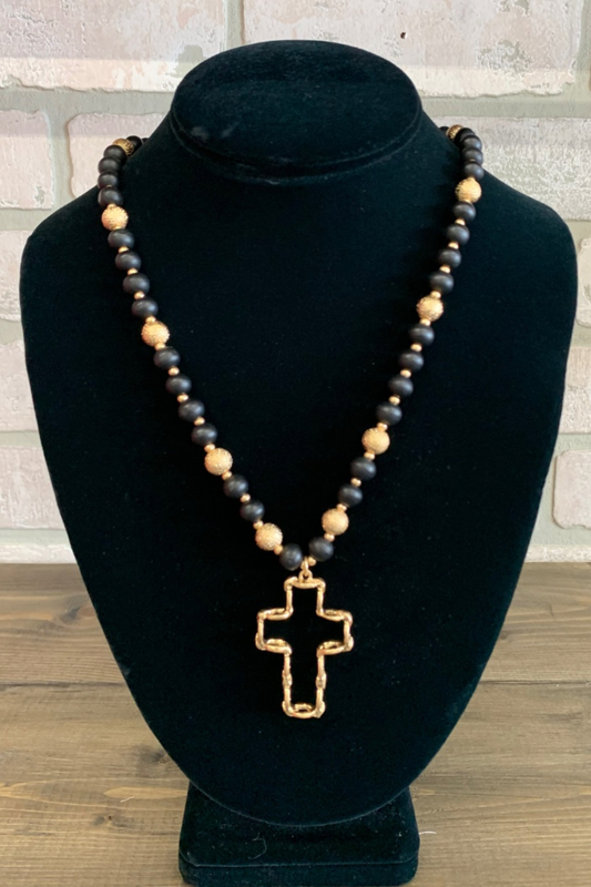 Black Beaded Cross Necklace