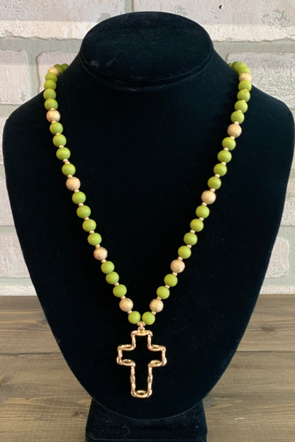 Green Beaded Cross Necklace