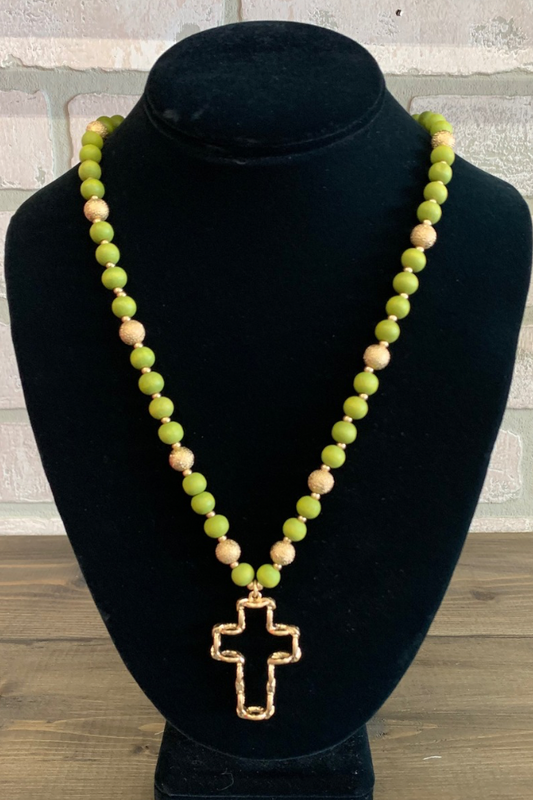 Green Beaded Cross Necklace