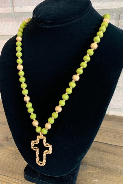 Green Beaded Cross Necklace