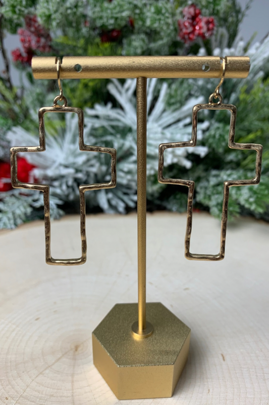 Golden Hammered Cross Earrings