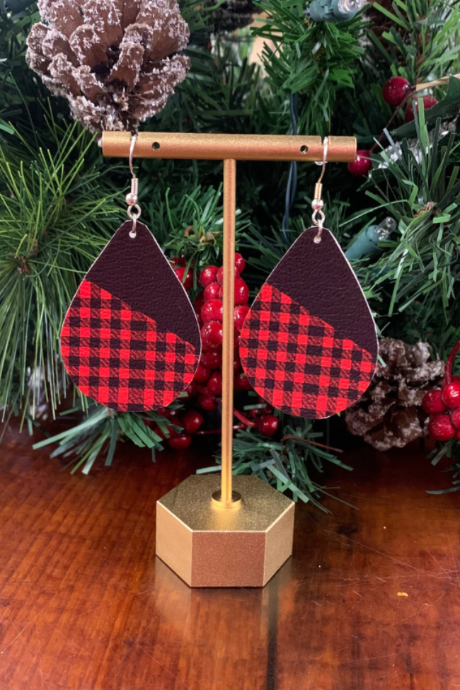 Red and Black Plaid Leather Earrings