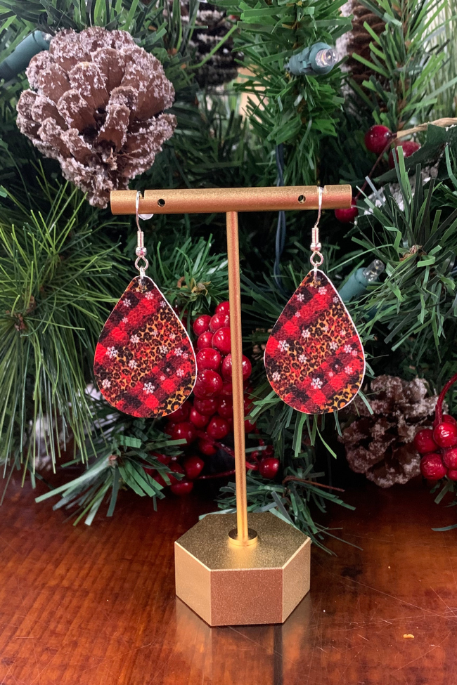 Red Plaid Cheetah Leather Earrings