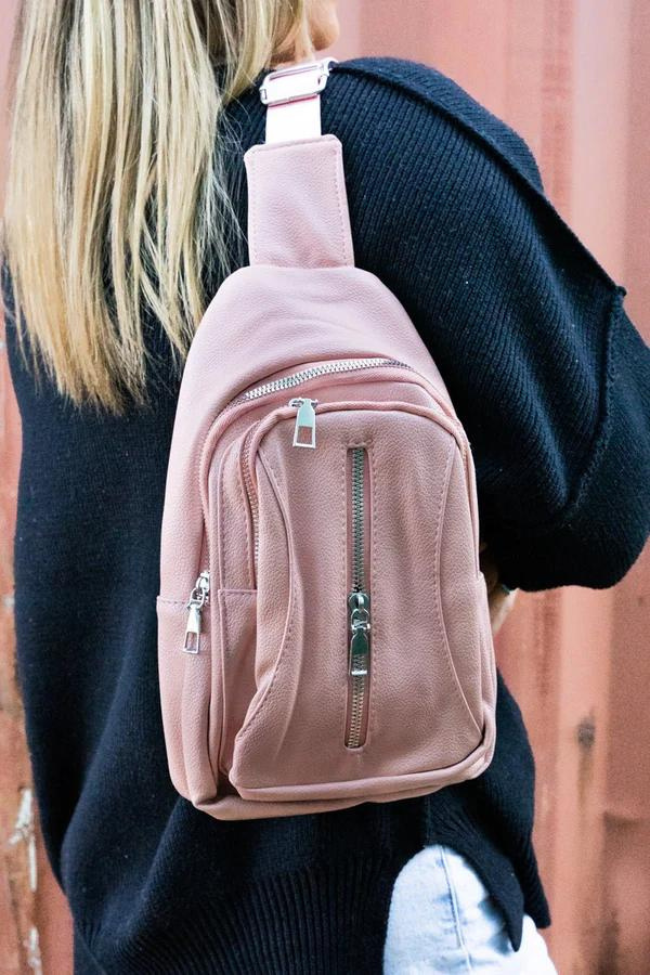 Pink Faux Leather Sling Backpack